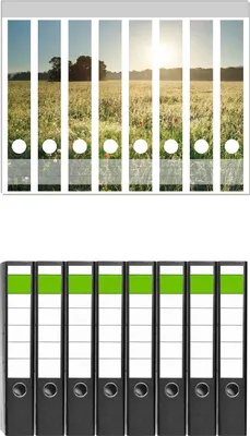 Produktbild von Wallario 8 Stück schmale Ordner inkl. Klebeetiketten mit Motive Wiese im Licht der Abendsonne - Set mit Rückenschildern / Ordnerrücken Stickern