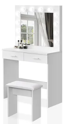 Immagine prodotto di Comò da trucco con illuminazione a LED, tavolino da trucco con specchio e sgabello, 80 cm di larghezza, illuminazione a 3 colori, 2 cassetti, bianco