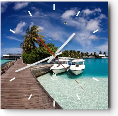Produktbild von Wanduhr - Quadrat - Glasuhr - Maledische Insel Archipel Ozean Hütte - 40x40cm - Schleichendes Uhrwerk - Lautlos - zum Aufhängen bereit - Dekoration Modern - Wanddekoration aus Glas - C3AC40x40-0436