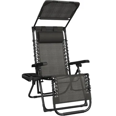 Produktbild von Yaheetech Klappbarer Liegestuhl mit Nackenkissen Getränkehalter & Dach, Sonnenliege Gartenliege mit verstellbarer Rückenlehne, Dunkelgrau