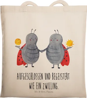 Produktbild von Mr. & Mrs. Panda Jutebeutel Sternzeichen Zwilling - Transparent - Geschenk, Zwillingsschwester, Shopping Tasche, Jutetasche, Glückskäfer, Tote Bag, Zwillinge, Marienkäfer