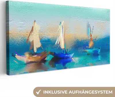 Produktbild von MuchoWow® - Leinwandbilder - Gemälde - Ölfarbe - Boot - Abstrakt, Wandbild, Wanddeko Bilder Wohnzimmer, 40x20 cm