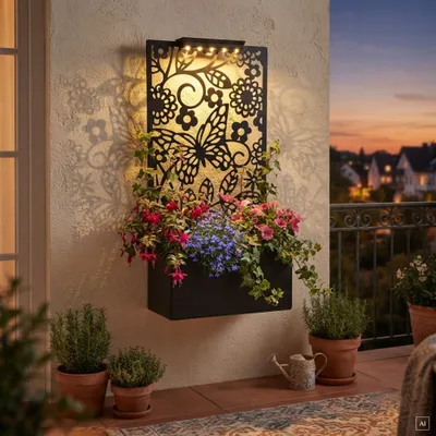 Produktbild von abc HOME Pflanzkasten mit Rankgitter & Solar-Beleuchtung – 63 cm Hoch – Metall Schwarz – 5 warm-weiße LEDs – Zum Stellen oder Aufhängen – Wetterfest