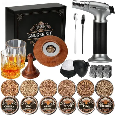 Productafbeelding van Whisky Smoker Kit met zaklamp - 6 smaken houtsnippers - 2 glazen - 6 stenen - Cocktail roker infuser kit - Ouderwetse drank