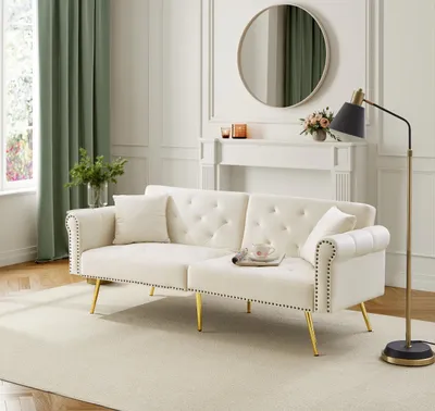 Produktbild von STILVORA 2-Sitzer-Sofa Zweisitzer mit Rückenlehne,mit 3-stufiger Verstellung,mit vergoldete Metallfüße,Loungesofa mit Schlaffunktion,Beige