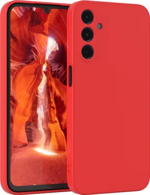 A red smartphone case is shown with a landscape image on the phone screen.
