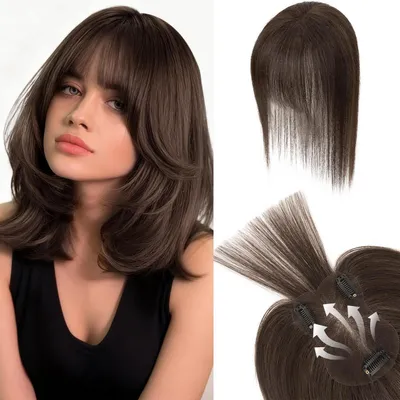 Image de Postiche pour femmes, couleur marron foncé, avec frange légère, poids : 19g