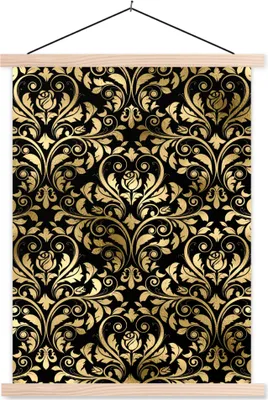 Produktbild von MuchoWow® Textilposter Muster - Barock - Gold - Schwarz 120x160 cm mit holzfarbenen Rahmen - Plakatkarton