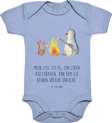 Produktbild von Mr. & Mrs. Panda Strampler Baby Pinguin Lagerfeuer 12. - 18. Monat - Dusty Blue - Geschenk, Motivation, Job, babykleidung body, Babystrampler, Büro, Babybody, Kurzarmbody