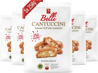 Produktbild von Belli Cantuccini 5er Pack alle mandorle (5x 250g) | Mandelgebäck aus Italien | Keks mit Mandeln | insgesamt 1250g Gebäckstücke