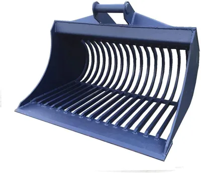 A dark gray sieve bucket for a tractor or loader, shown against a white background.