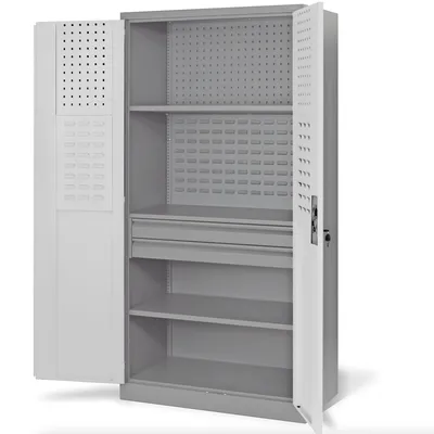 Image de Armoire à outils Armoire d'atelier avec tiroirs Portes battantes 3 étagères Revêtement époxy 185 cm x 92 cm x 50 cm, Couleur : Gris