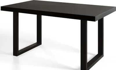 A black dining table with metal legs on a white background.