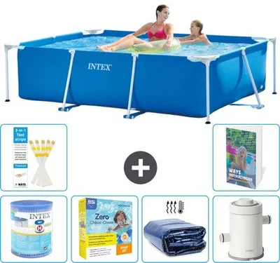 Produktbild von Rechteckiges Schwimmbecken - 220 x 150 x 60 cm - Blau - Inklusive Filter - Wartungspaket - Solarzelte - Schwimmbeckenpumpe - 7-teilig
