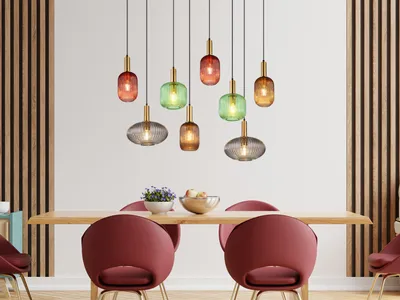 Produktbild von Mehrflammige LED Glas Küchenlampe hängend für über Esstisch, bunte Hängelampe