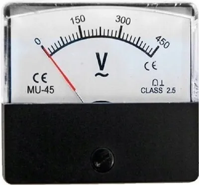 A close-up view of an analog voltmeter with a black base.
