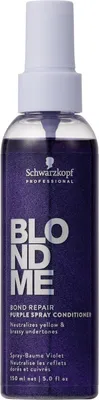 A bottle of Schwarzkopf Professional BlondMe Bond Repair Purple Spray Conditioner against a white background.