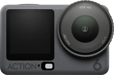 A close-up studio shot of a DJI Osmo Action 6 camera.