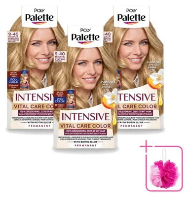 Imagen del producto de 3 tintes para el cabello Poly Palette Vital Care, tono 9-40 (rubio natural), 115 ml cada uno. Paquete económico de 3 unidades