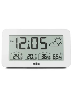 A digital alarm clock with weather station features displayed on a white background.