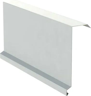 A white metal building component, likely for roofing or siding, is shown against a white background.