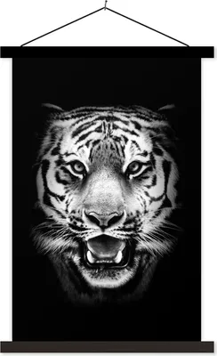 Produktbild von MuchoWow® Textilposter Kopf eines Tigers vor schwarzem Hintergrund - schwarz und weiß 60x90 cm mit schwarzem Rahmen - Poster Wohnzimmer