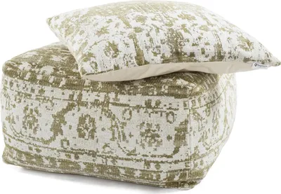 Immagine prodotto di Pouf Padiro con cuscino imbottito, 80 x 80 cm - Colore crema e verde oliva - Rivestimento in tessuto - Realizzato a mano con motivo vintage