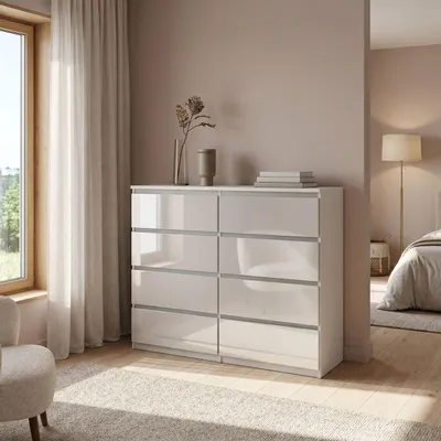 Produktbild von Masseno Kommode NUDO 138,5 cm Sideboard mit 8 Schubladen und  Türen für Wohnzimmer Schlafzimmer Modern 138,5x39x101,5 cm Weiß / Weiß
