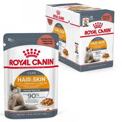 Produktbild von Royal Canin Hair & Skin 12x85g Nassfutter für ausgewachsene Katzen in Soße für gesunde Haut und schönes Fell