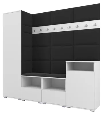 Produktbild von Garderobe NELA X 200 cm Modulare Flurmöbel Weiß mit Sitzpolster Schwarz 16 (Schrank + Sideboard)