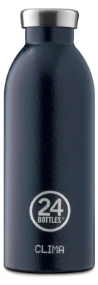 A dark blue water bottle with a silver cap.