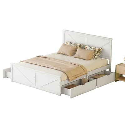 Produktbild von Massivholzbett, 160x200 cm, Doppelbett mit Lattenrost, Kopfteil und 4 Schubladen, Holzbett aus Kiefer, Jugendbett