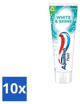 Imagen del producto de 10 tubos de pasta dental blanqueadora Aquafresh White & Shine, 75 ml cada uno. Paquete económico con 10 unidades