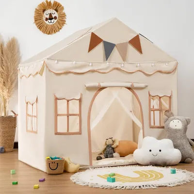 Obrázok produktu pre Detský stan s čalúnenou podložkou, girlandou a závesom 89P x 130W x 130H - biely