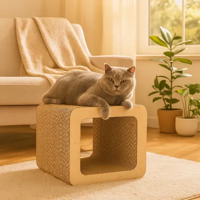 Produktbild von QLS Kratzmöbel 3in1 Katzen Wellpappe 37×30×30 cm Kratzbrett Liege Höhle Beige 11379