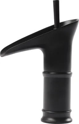A black bathroom faucet with a waterfall spout.