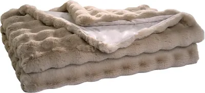 A folded beige faux fur blanket is shown on a white background.