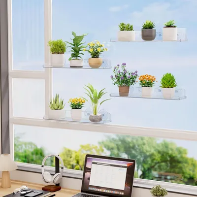 Produktbild von Schwebende Pflanzenregale 15 Zoll 3er Pack Acryl Saugnapf Regal Fensterbankverlängerung für Innen Sukkulenten Mikrogrün Saatstarter Töpfe Kräutertöpfe