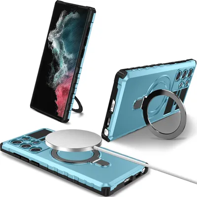 Immagine prodotto di Custodia per Samsung Galaxy S22 Ultra 5G magnetica con MagSafe, supporto per anello, supporto, custodia protettiva a doppio strato Azzurro