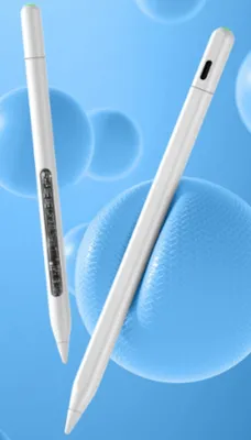 Two white stylus pens are displayed against a blue background with blurred spheres.