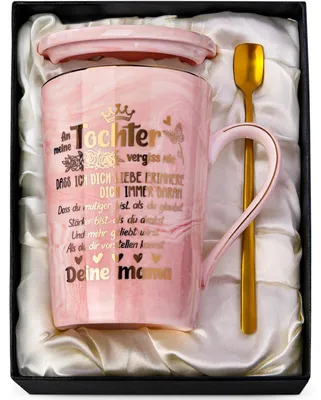 Immagine prodotto di Tazza in Vetroceramica rosa con decorazione dorata, capacità 400 ml, idea regalo per una figlia