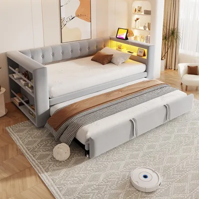 Productafbeelding van Bekleed bed 90/180 x 190 cm met LED-verlichting, stopcontacten, opbergruimte in de armleuning, multifunctionele slaapbank, lichtgrijs