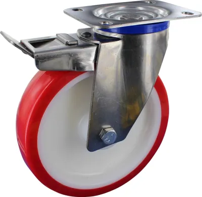 Produktbild von Edelstahlrollen Lenkrolle mit Feststeller Ø100mm Polyurethan Anschraubplatte