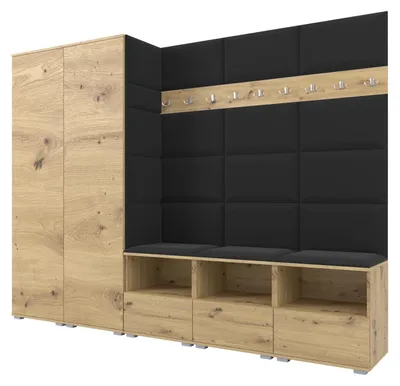 Produktbild von Garderobe NELA VII 250 cm Modulare Flurmöbel XL Artisan Eiche mit Sitzpolster Schwarz 16 (2 Schränke)