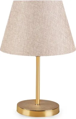 A table lamp with a beige fabric shade and a gold base and stem, presented on a white background.
