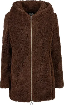 A brown fuzzy hooded jacket with a zipper.