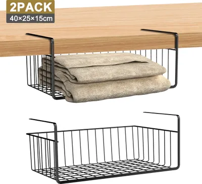 Produktbild von XMTECH Hängekorb Unterregal Drahtkorb, Metall, Schwarz, 2 Stück, 40x25x15 cm, für Schränke 3-5 cm Dicke, werkzeuglose Montage, platzsparend, 6 kg Traglast, rostbeständig, stapelbar – ideal für Küche, Speisekammer, Schreibtisch, Bücherregal