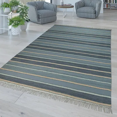 Produktbild von TT Home Handwebteppich Im Modernen Streifen Design Mit Fransen Hochwertige Türkis Blau Größe 140x200 cm