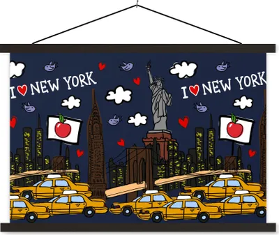 Produktbild von MuchoWow® Textilposter New York - Taxi - Freiheitsstatue 120x80 cm mit schwarzem Rahmen - Wanddeko