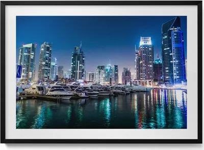 Produktbild von Boote in der nächtlichen Stadt– Wandbild mit Rahmen – Gerahmtes Bild  – Wanddekoration – 100x70 cm –  Schwarz Rahmen